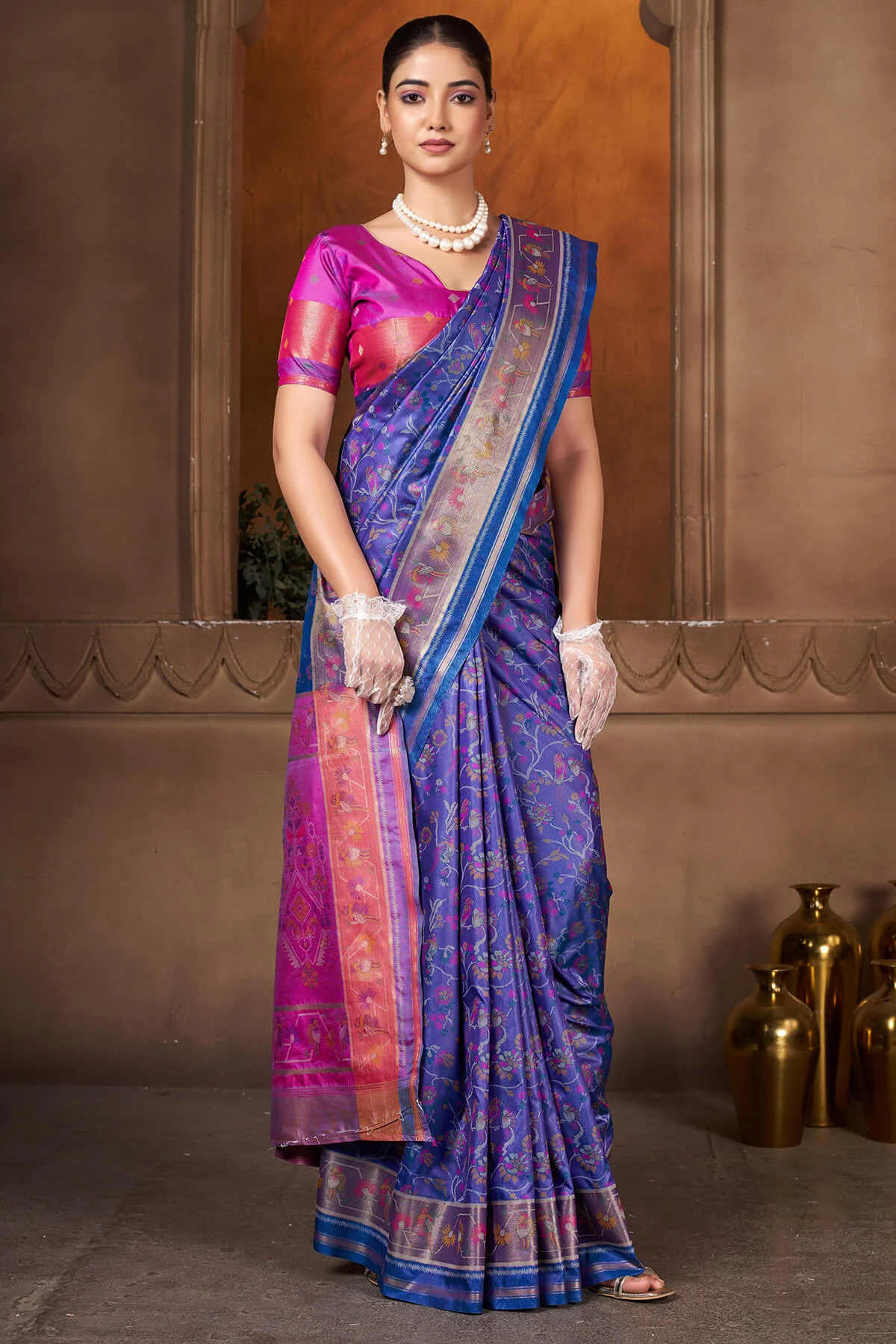 Capricious Navy Blue Paithani Silk Saree With Opulent Blouse Piece - Image 4