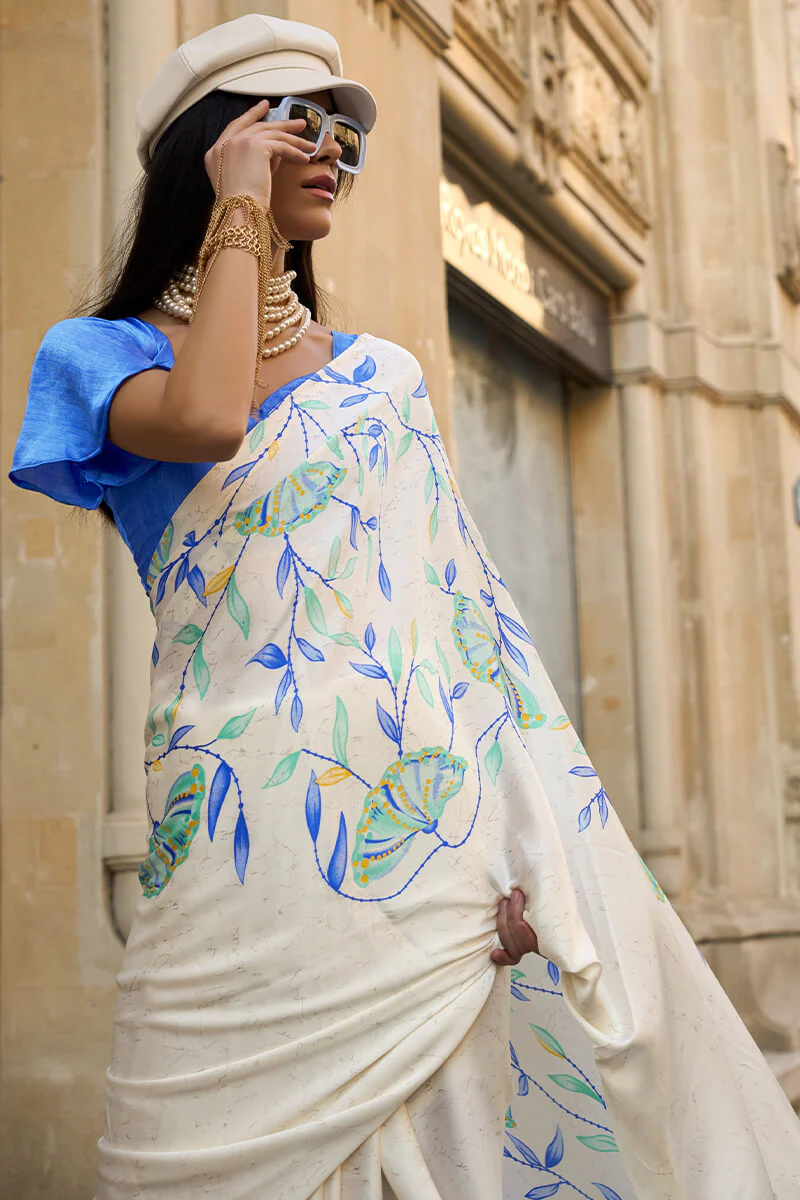 Capricious Off White Digital Printed Satin Silk Saree With Gratifying Blouse Piece - Image 2