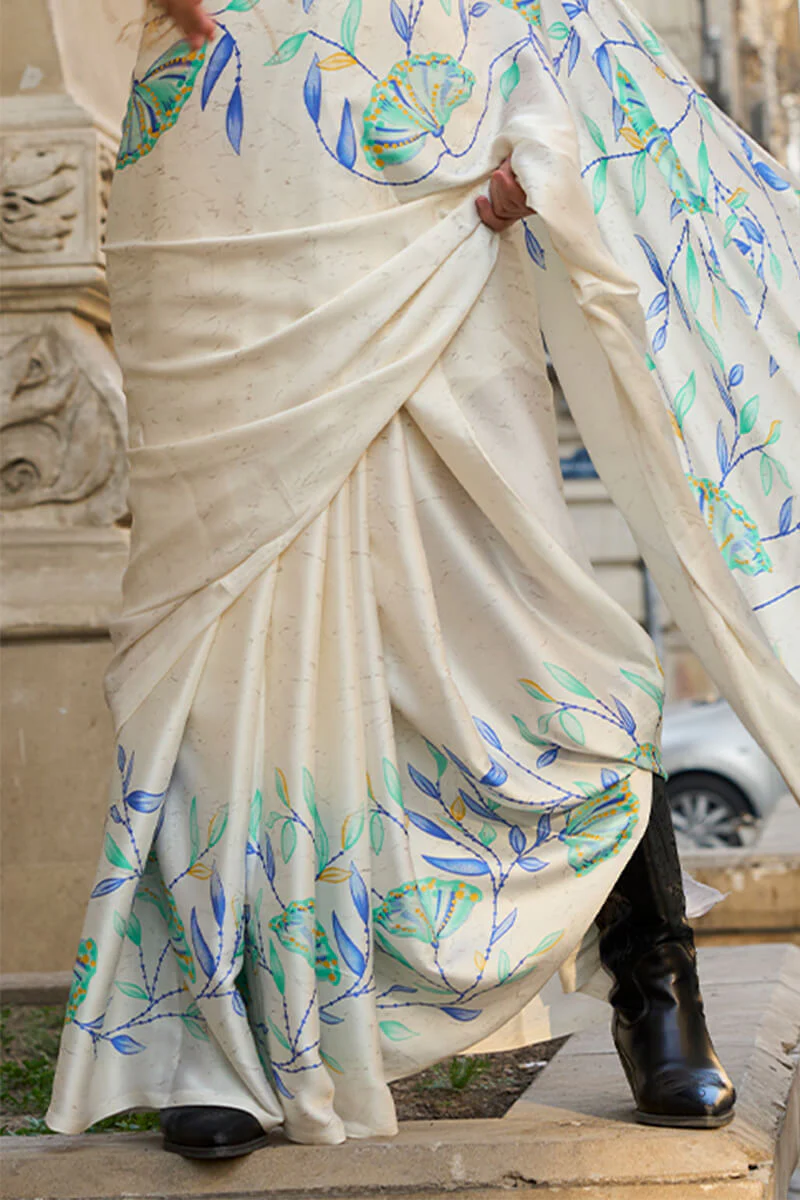 Capricious Off White Digital Printed Satin Silk Saree With Gratifying Blouse Piece - Image 3