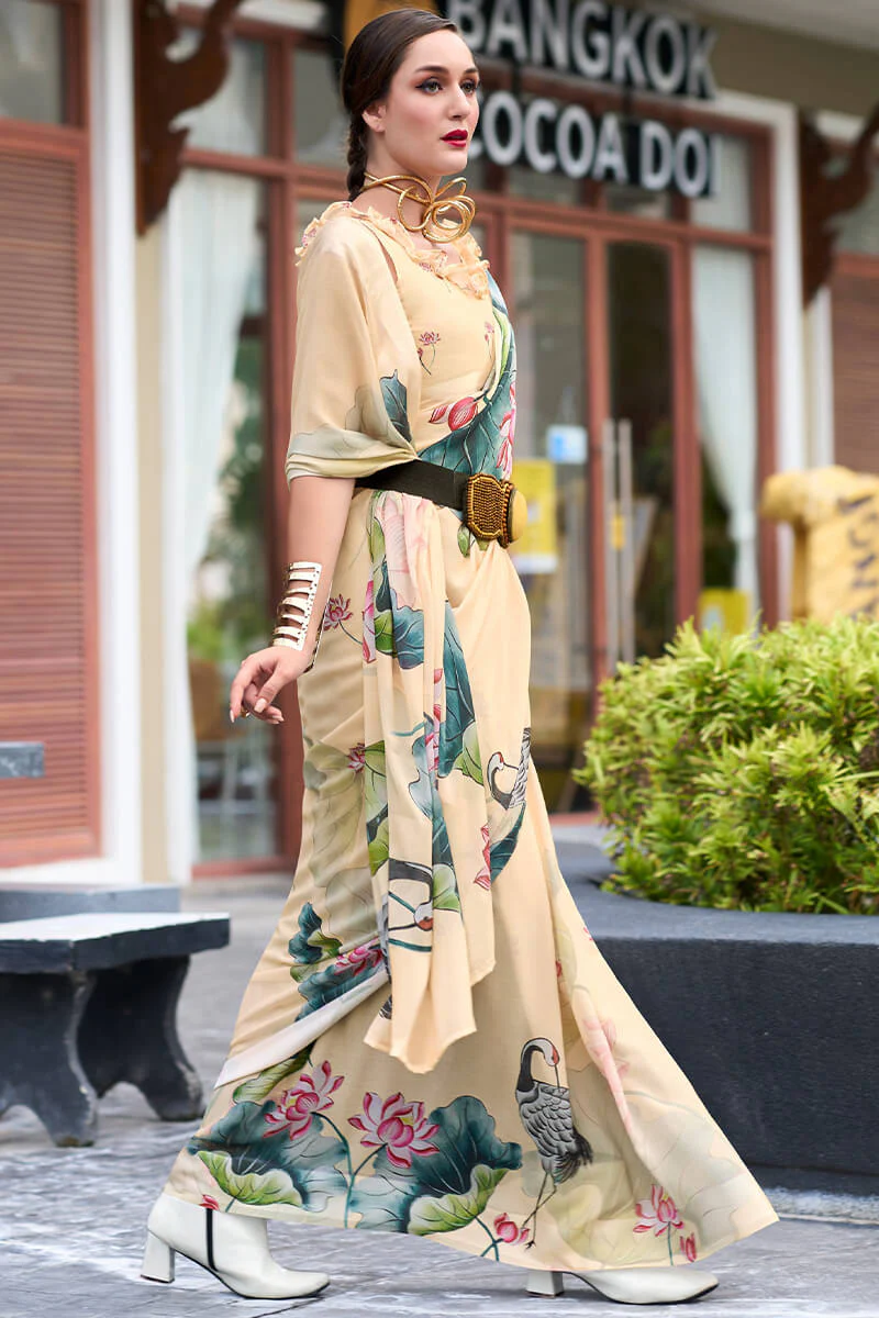 Captivating Beige Digital Printed Georgette Saree With Unique Blouse Piece - Image 3