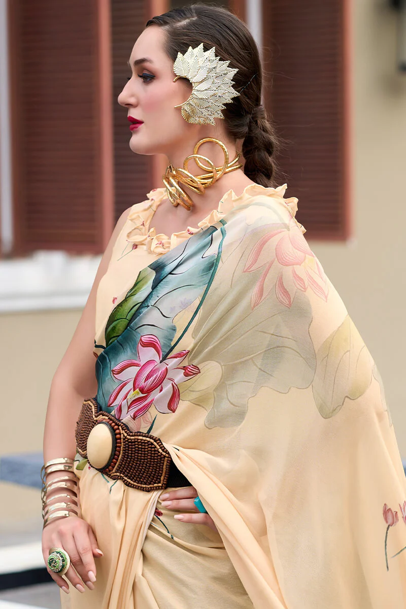 Captivating Beige Digital Printed Georgette Saree With Unique Blouse Piece - Image 4