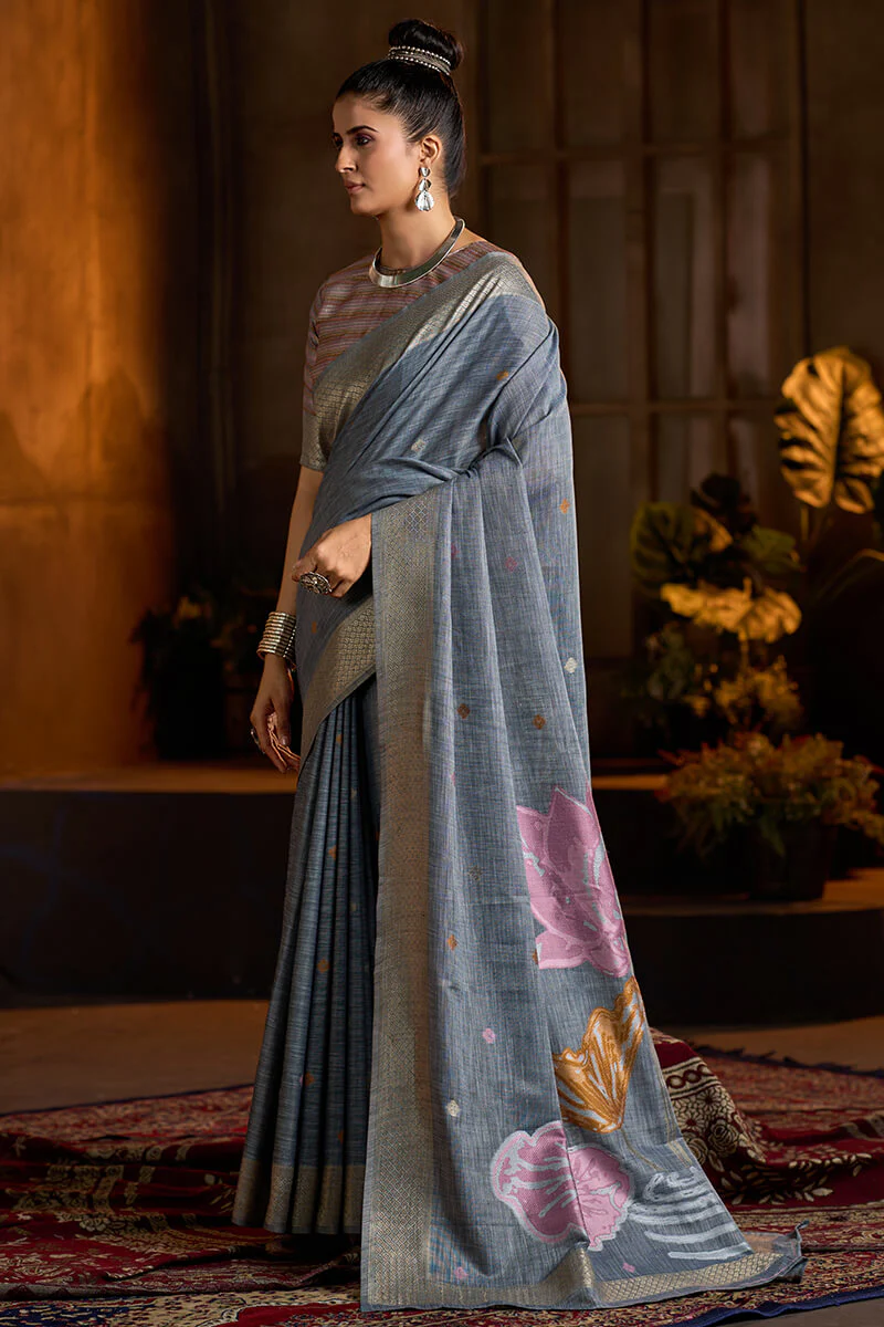 Captivating Grey Cotton Silk Saree With Sempiternal Blouse Piece - Image 3