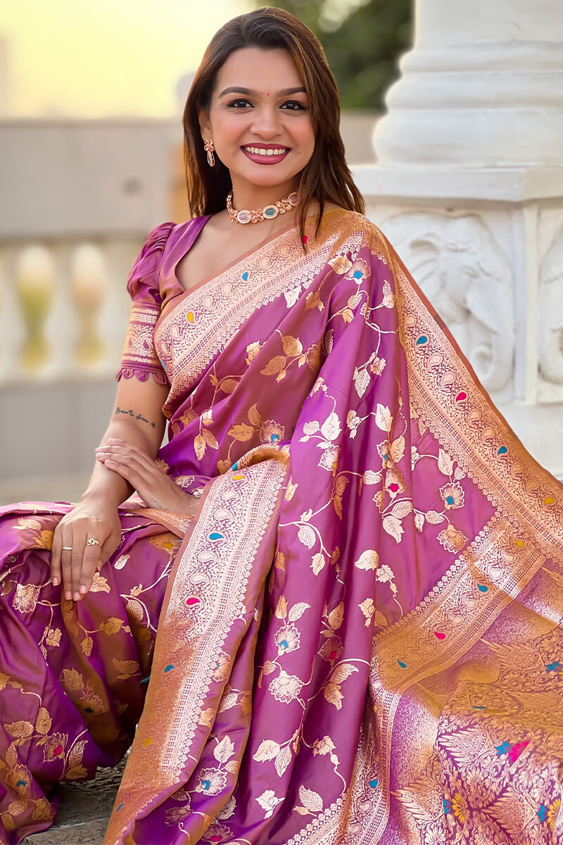 Captivating Lavender Soft Banarasi Silk Saree With Delectable Blouse Piece - Image 4
