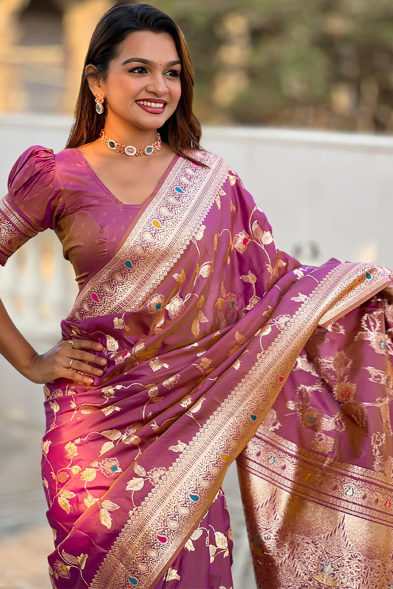 Captivating Lavender Soft Banarasi Silk Saree With Delectable Blouse Piece - Image 5