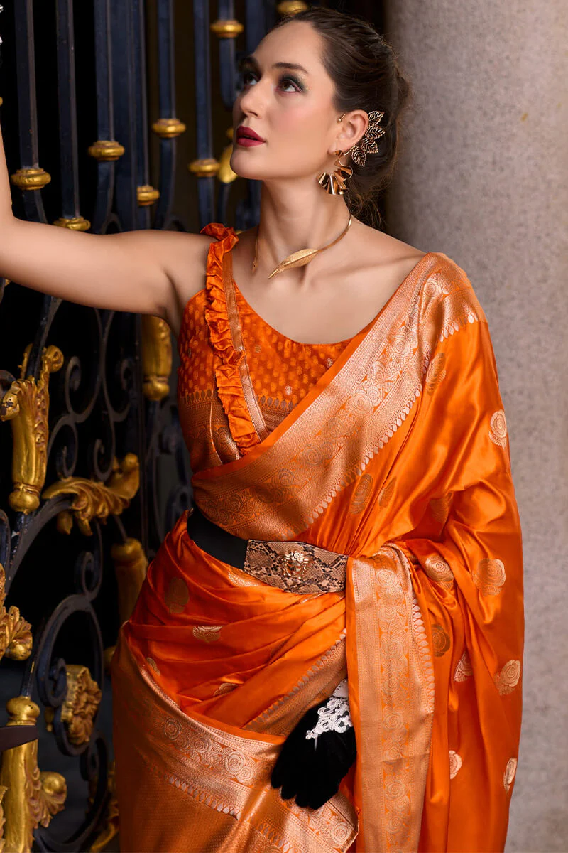 Captivating Orange Banarasi Satin Silk Saree With Desirable Blouse - Image 2