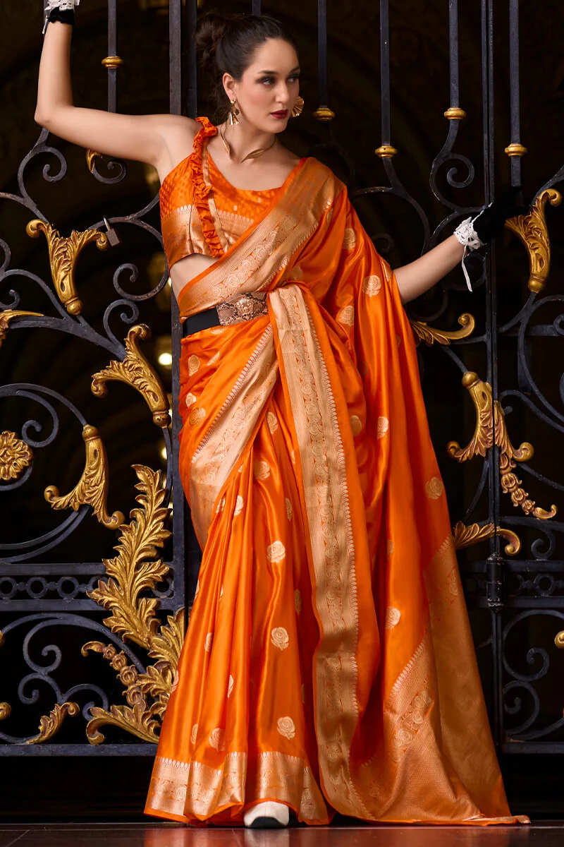 Captivating Orange Banarasi Satin Silk Saree With Desirable Blouse - Image 3