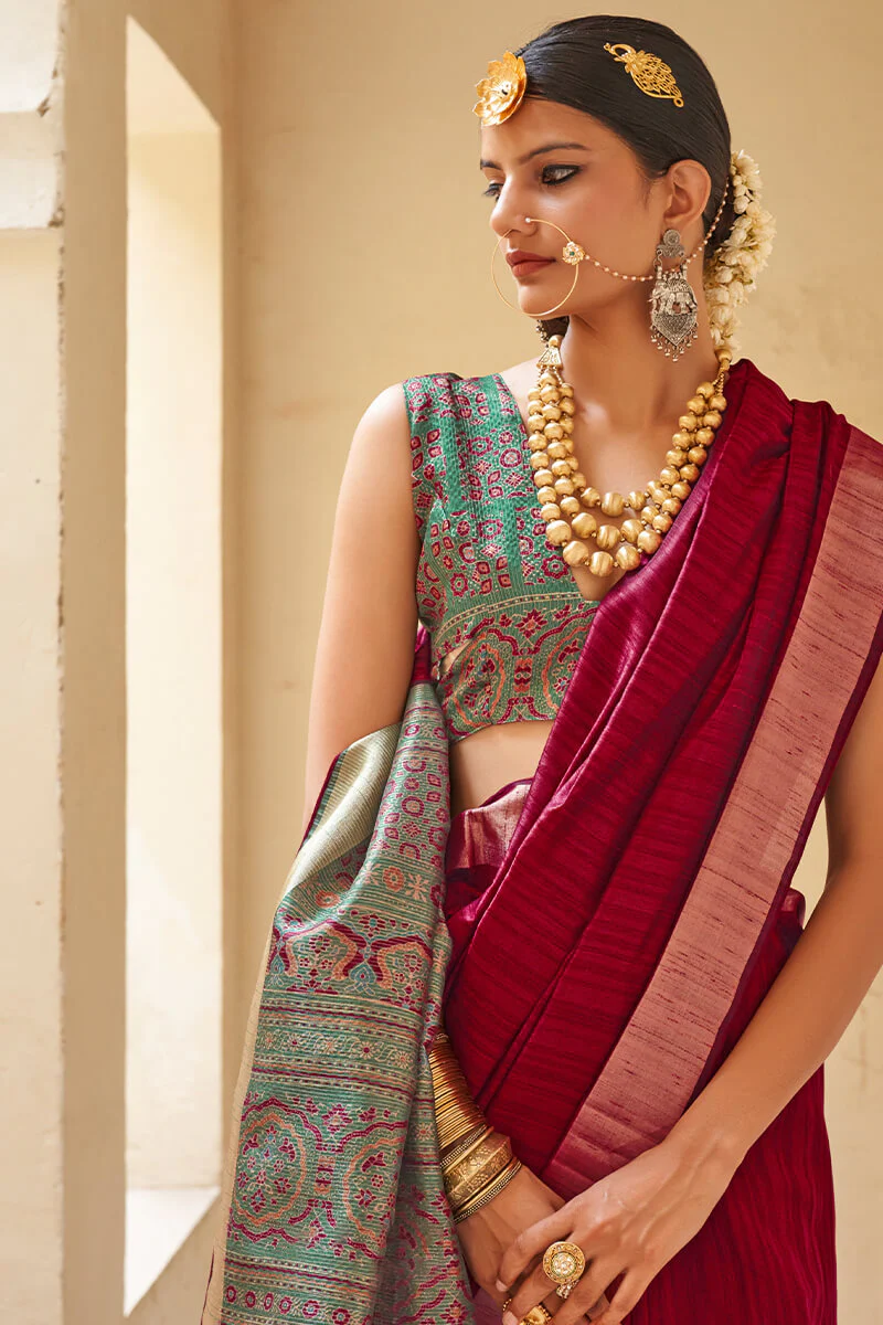 Captivating Wine Cotton Silk Saree With Nemesis Blouse Piece - Image 2