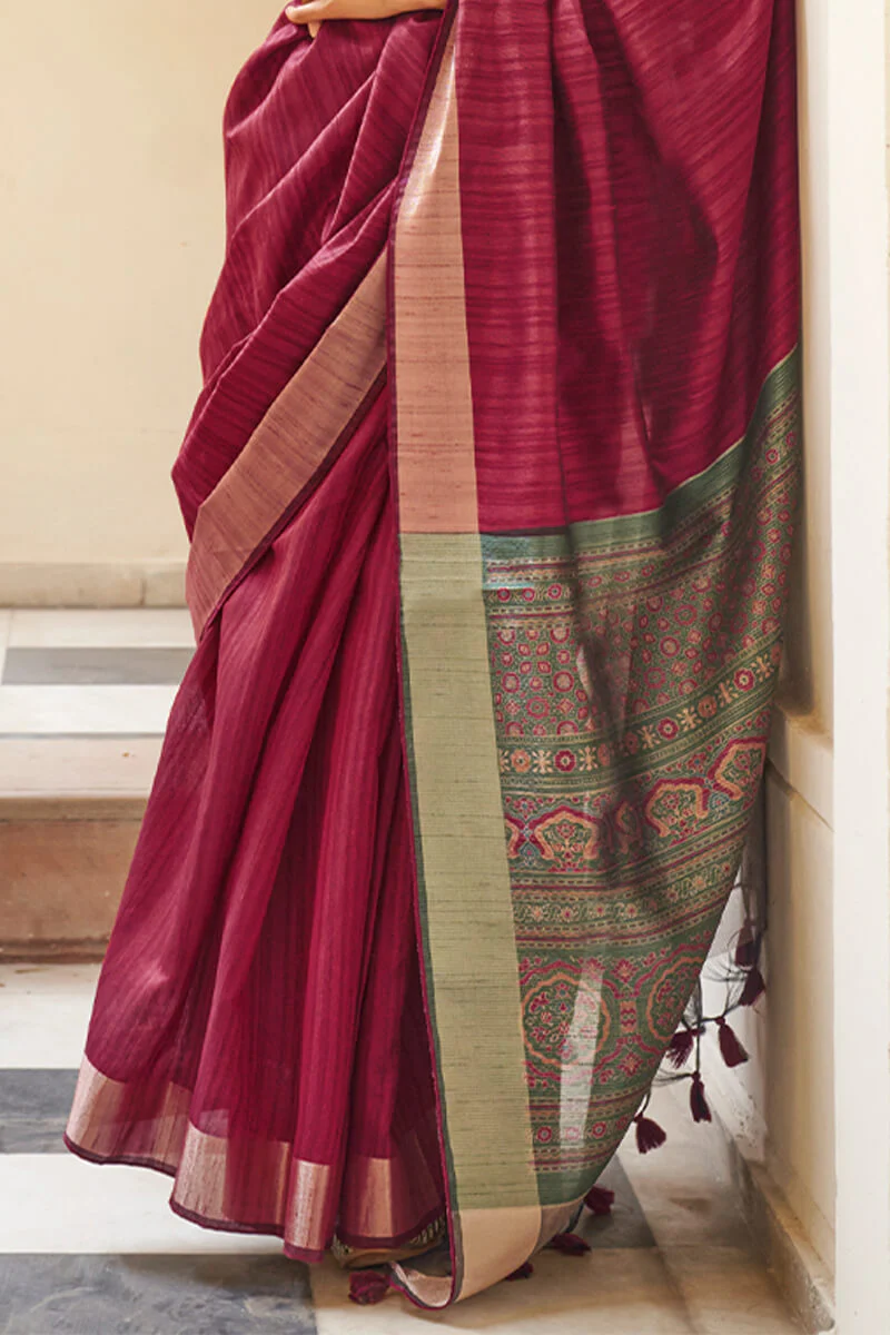 Captivating Wine Cotton Silk Saree With Nemesis Blouse Piece - Image 3