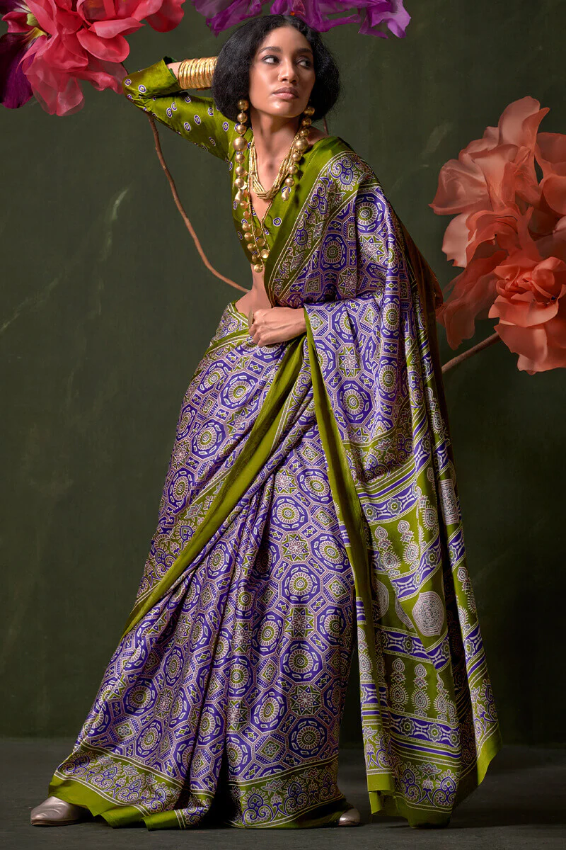 Charismatic Lavender Ajrakh Printed Satin Silk Saree With Magnificat Blouse Piece - Image 3