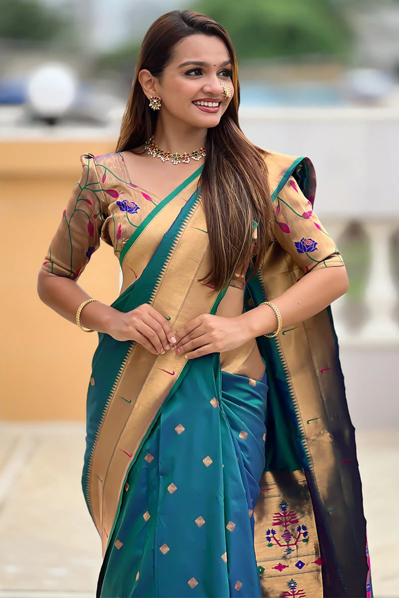Charismatic Rama Paithani Silk Saree With Designer Blouse Piece - Image 2