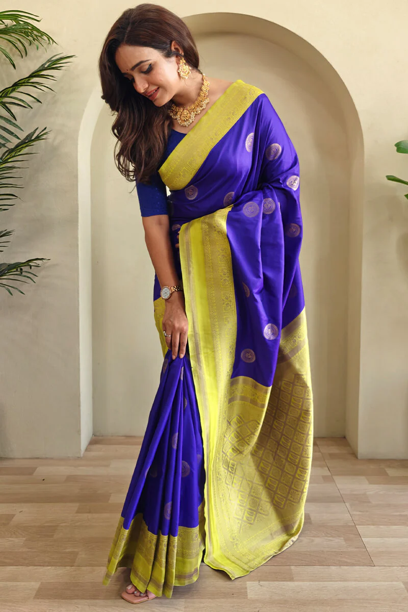 Charismatic Royal Blue Soft Banarasi Silk Saree With Energetic Blouse Piece - Image 3