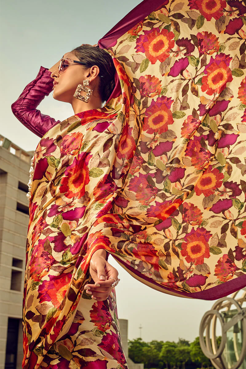 Charismatic Wine Digital Printed Satin Silk Saree With Radiant Blouse Piece - Image 2