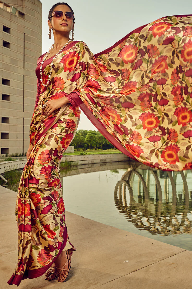 Charismatic Wine Digital Printed Satin Silk Saree With Radiant Blouse Piece - Image 3