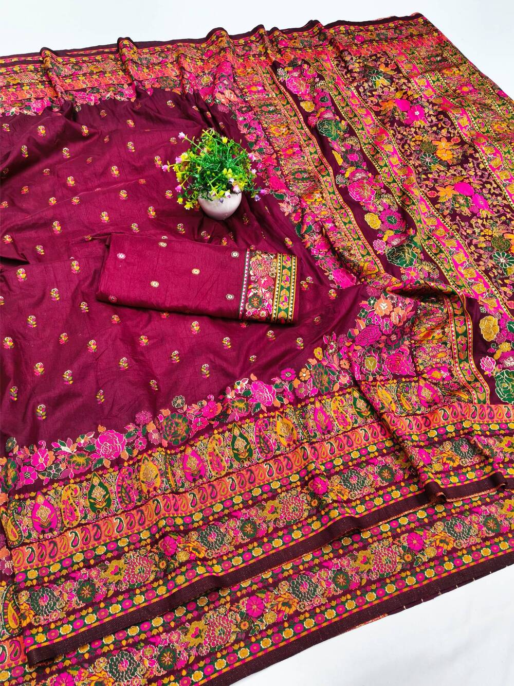 Charismatic Wine Nylon Dola Pashmina Saree With Incredible Blouse Piece - Image 2