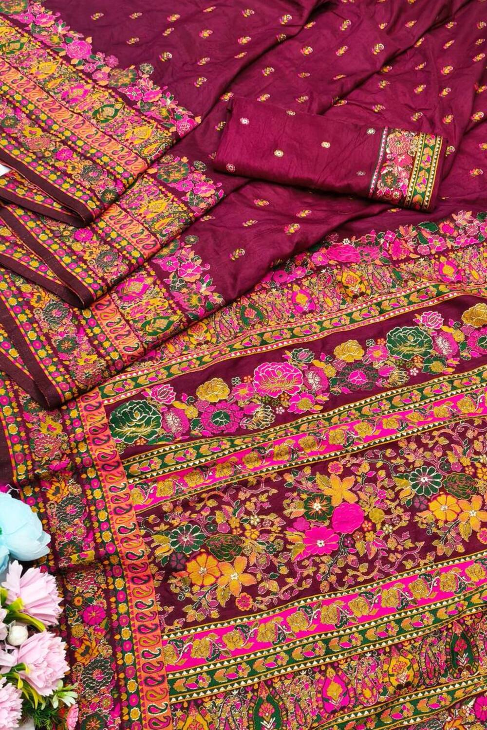 Charismatic Wine Nylon Dola Pashmina Saree With Incredible Blouse Piece - Image 3
