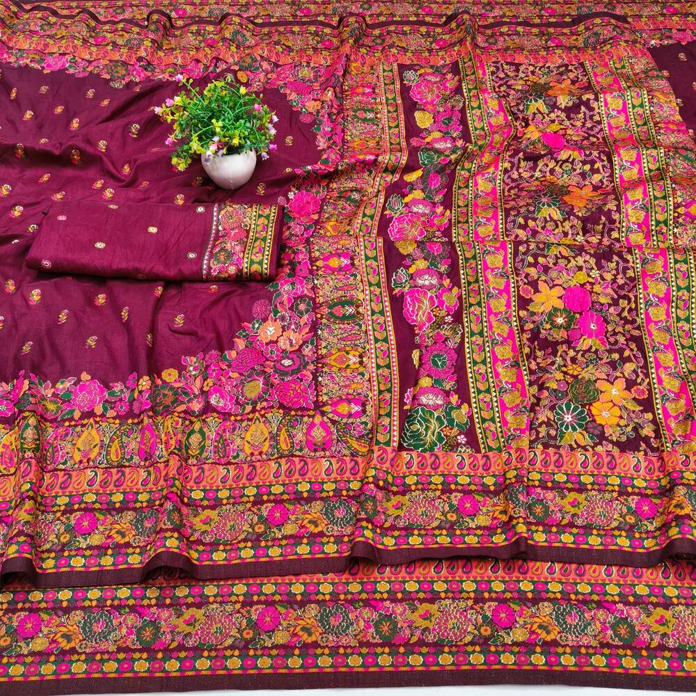 Charismatic Wine Nylon Dola Pashmina Saree With Incredible Blouse Piece - Image 4