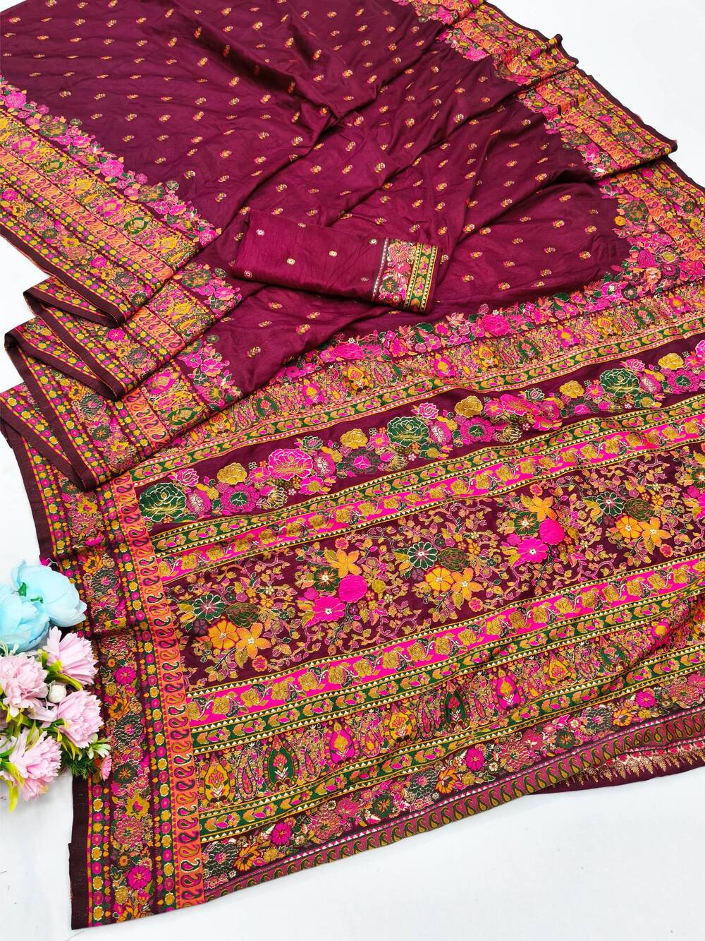 Charismatic Wine Nylon Dola Pashmina Saree With Incredible Blouse Piece - Image 5