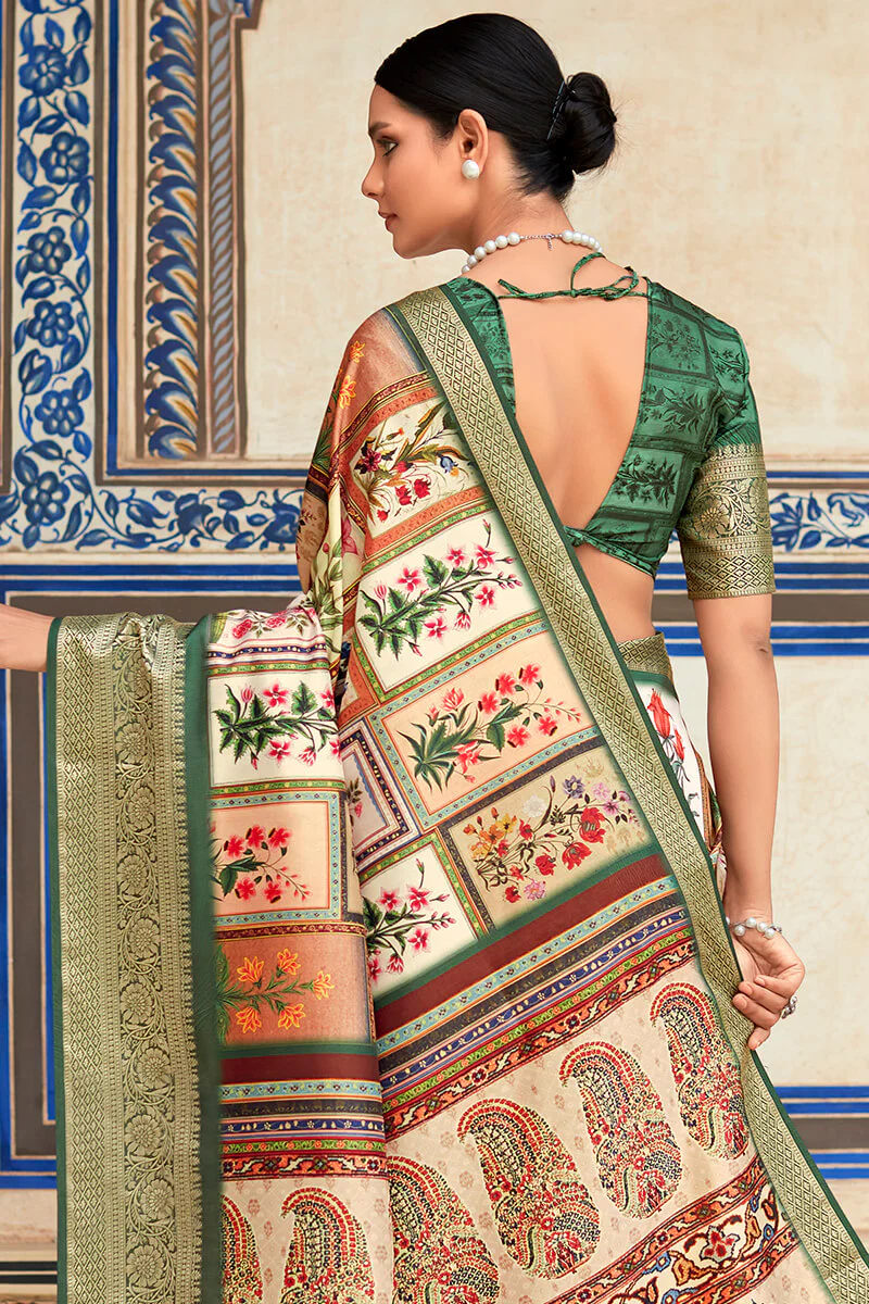 Charming Beige Digital Printed Dola Silk Saree With Stylish Blouse Piece - Image 3