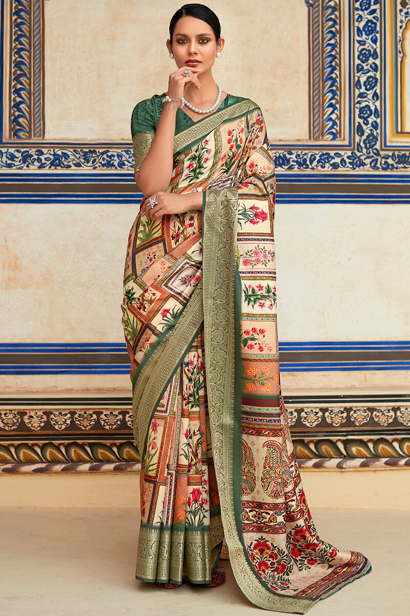 Charming Beige Digital Printed Dola Silk Saree With Stylish Blouse Piece - Image 4