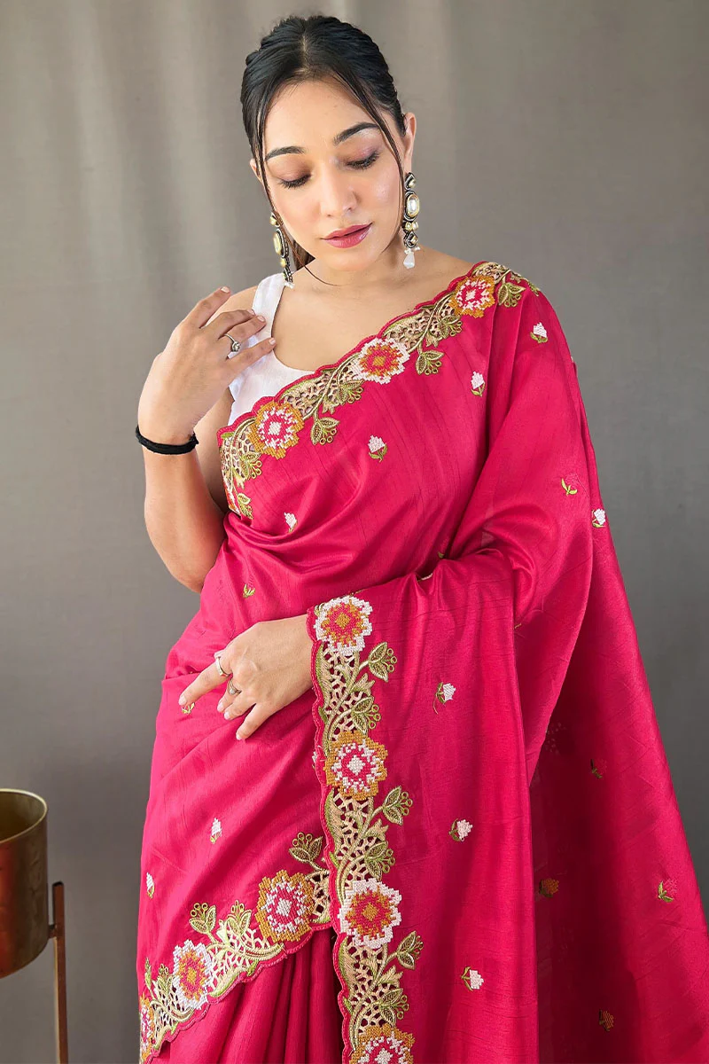 Charming Dark Pink Embroidery Work Tussar Silk Saree With Mesmeric Blouse Piece - Image 2
