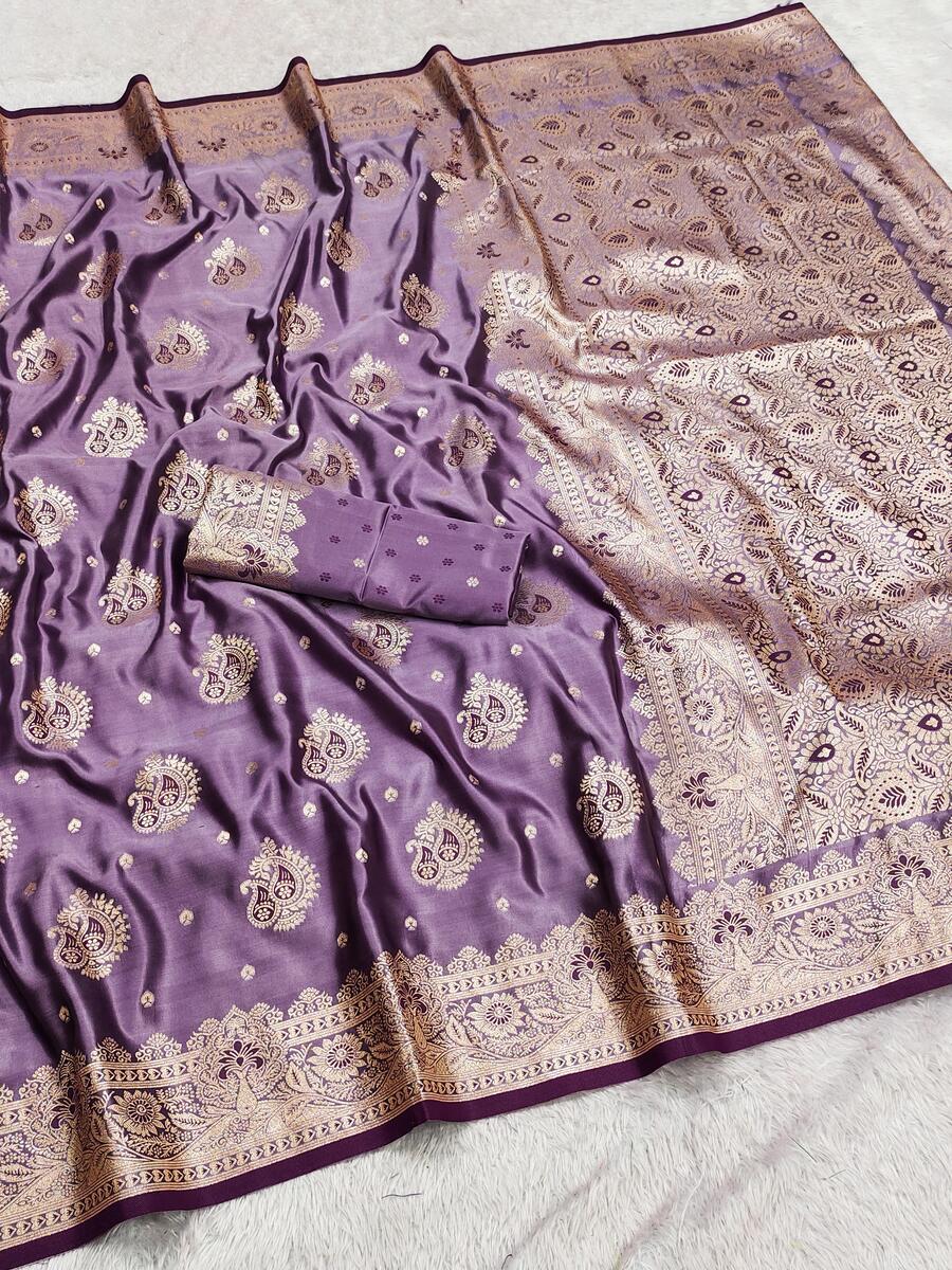 Charming Lavender Banarasi Satin Silk Saree With Charismatic Blouse - Image 2