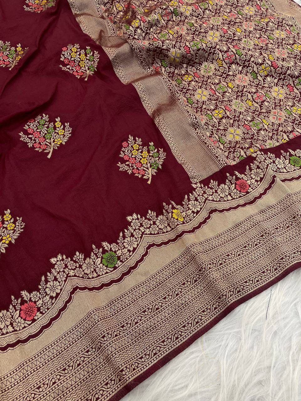 Charming Maroon Banarasi Georgette Silk Saree With Panoply Blouse Piece - Image 3