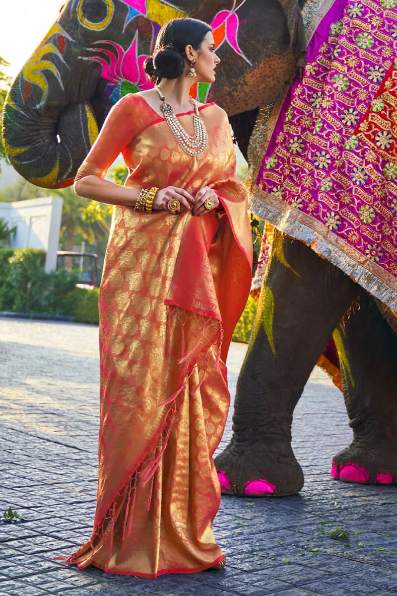 Charming Orange Kanjivaram Silk Saree With Skinny Blouse Piece - Image 2