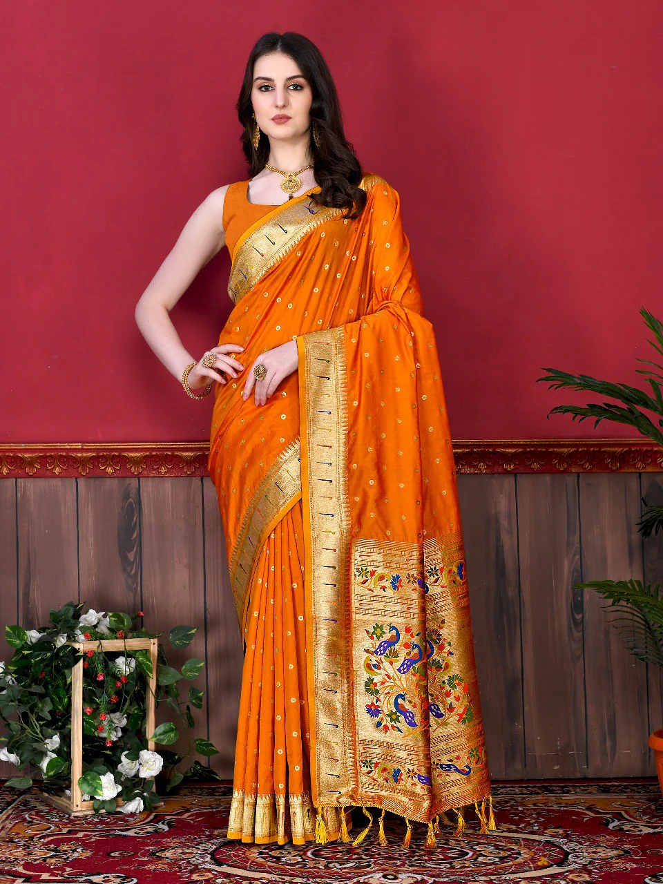 Charming Orange Paithani Silk Saree With Ethnic Blouse Piece - Image 2