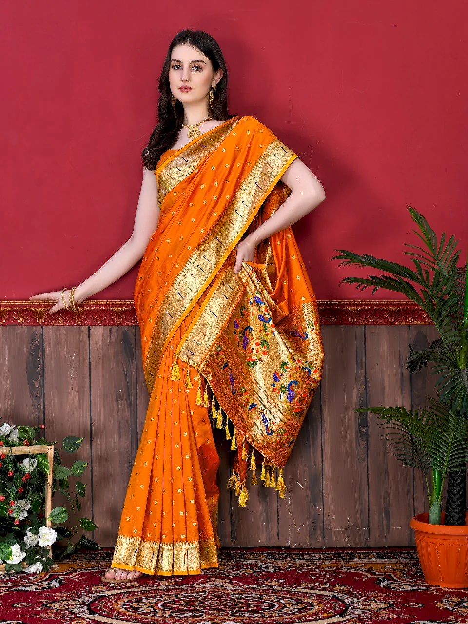 Charming Orange Paithani Silk Saree With Ethnic Blouse Piece - Image 3