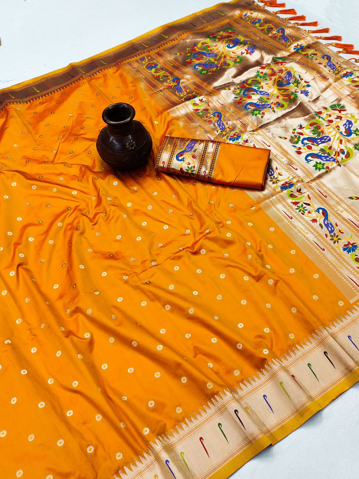 Charming Orange Paithani Silk Saree With Ethnic Blouse Piece - Image 4