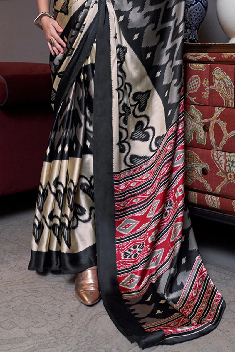 Chatoyant Beige and Black Digital Printed Satin Silk Saree With Comely Blouse Piece - Image 3