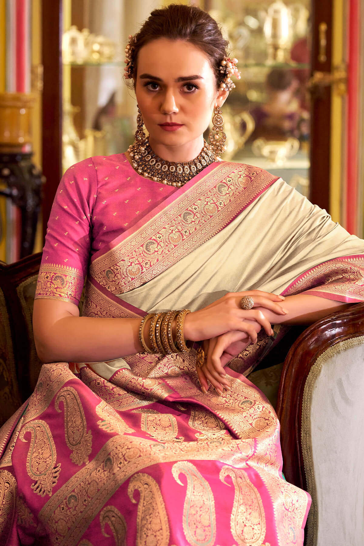 Chatoyant Beige Soft Banarasi Silk Saree With Refreshing Blouse Piece - Image 2