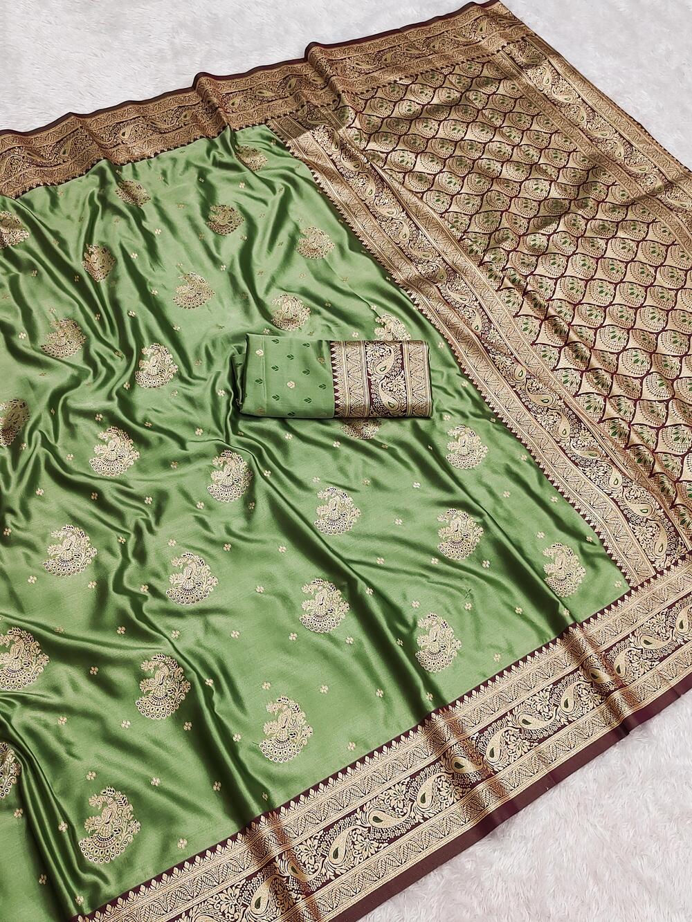 Chatoyant Green Banarasi Satin Silk Saree With Glittering Blouse - Image 2