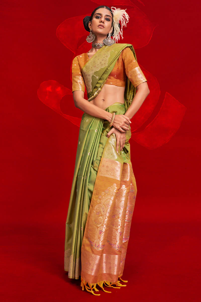 Chatoyant Green Soft Banarasi Silk Saree With Gossamer Blouse Piece - Image 2