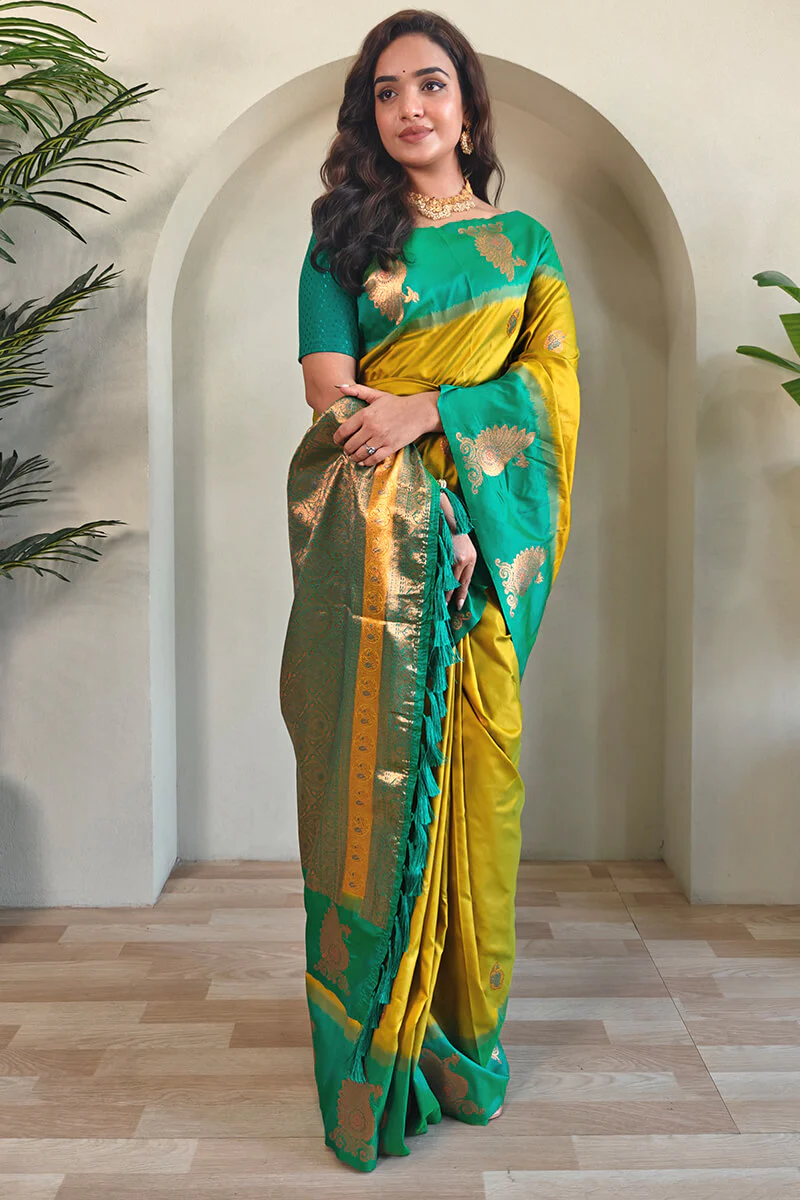 Chatoyant Mustard Soft Banarasi Silk Saree With Splendorous Blouse Piece - Image 3