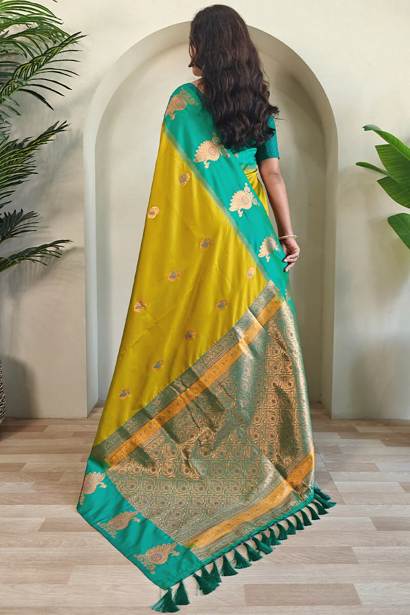Chatoyant Mustard Soft Banarasi Silk Saree With Splendorous Blouse Piece - Image 4