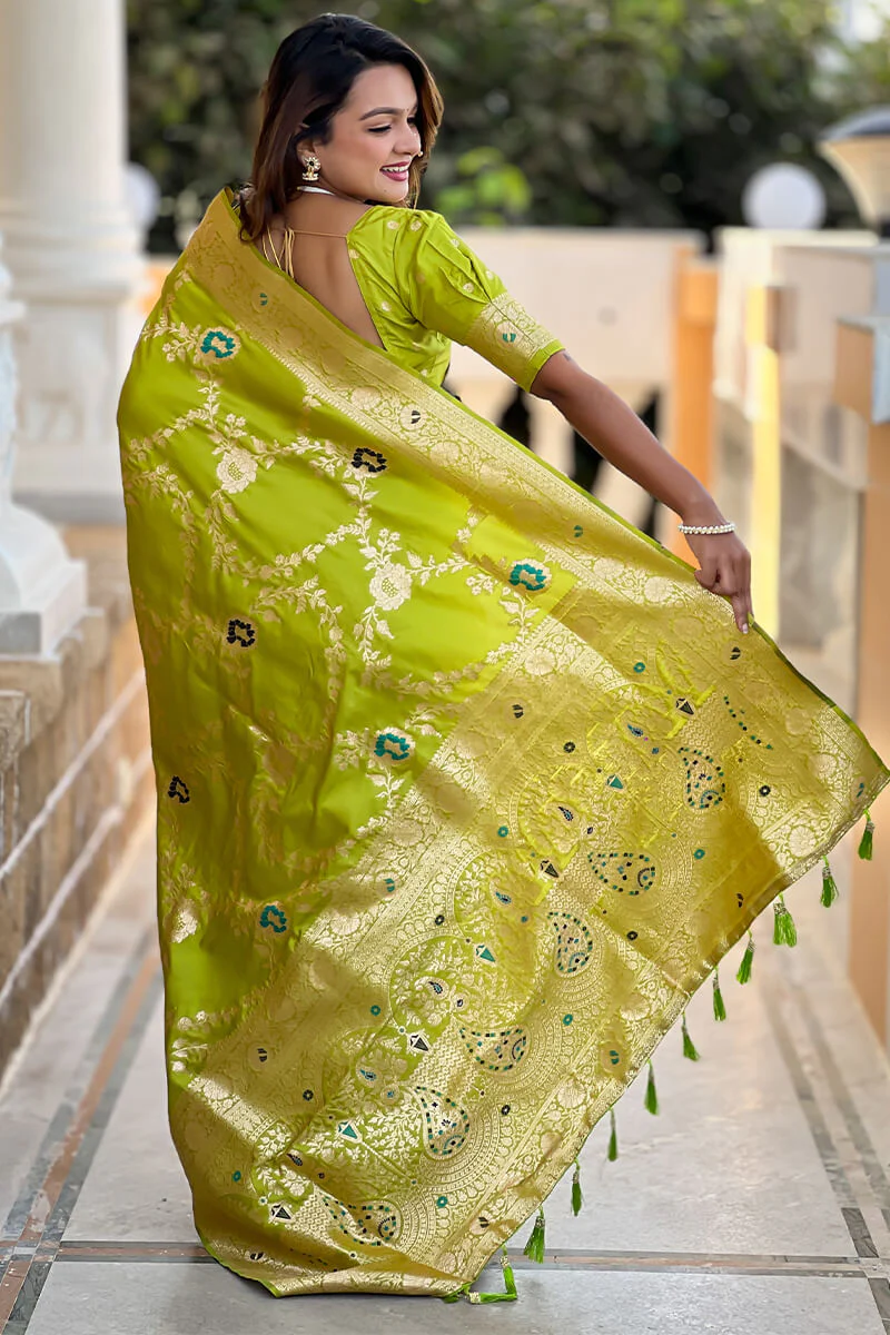 Chatoyant Parrot Soft Banarasi Silk Saree With Fragrant Blouse Piece - Image 6