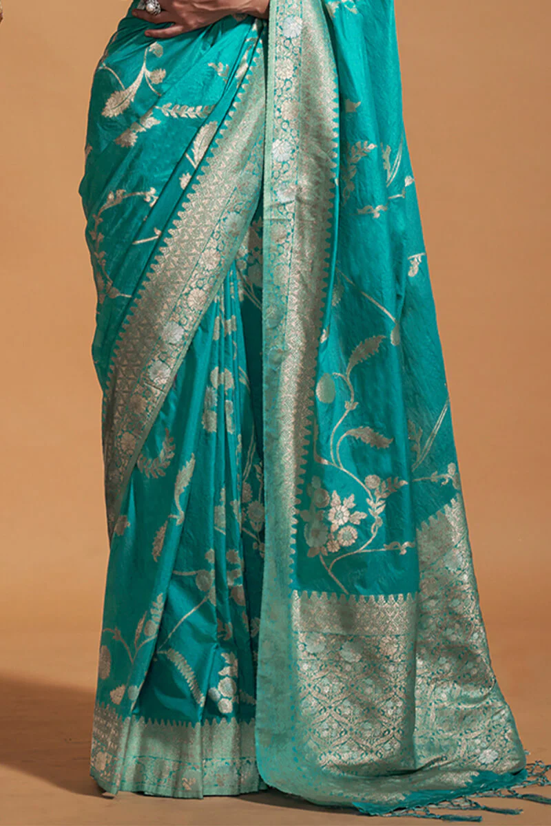 Chatoyant Turquoise Georgette Banarasi Silk Saree With Evanescent Blouse Piece - Image 3