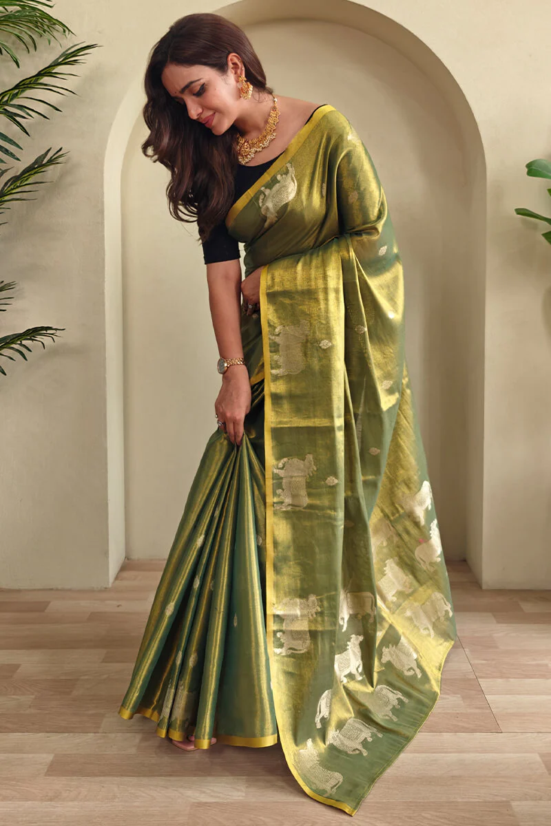 Classic Green Soft Banarasi Tissue Silk Saree With Scrupulous Blouse Piece