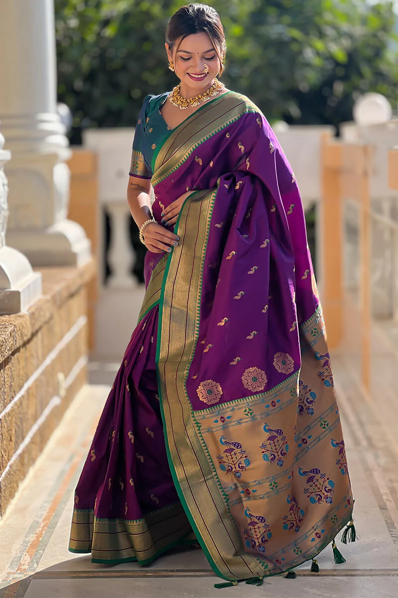 Classic Purple Paithani Silk Saree With Traditional Blouse Piece - Image 3