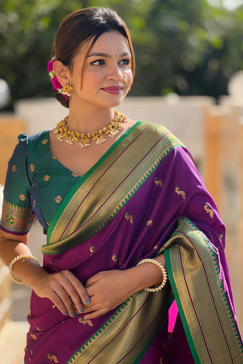 Classic Purple Paithani Silk Saree With Traditional Blouse Piece - Image 4