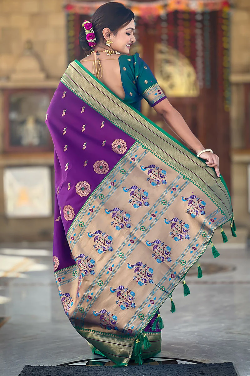 Classic Purple Paithani Silk Saree With Traditional Blouse Piece - Image 5