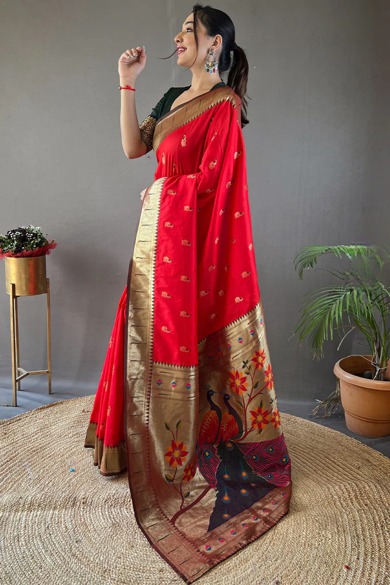 Classic Red Paithani Silk Saree With Bewitching Blouse Piece - Image 3