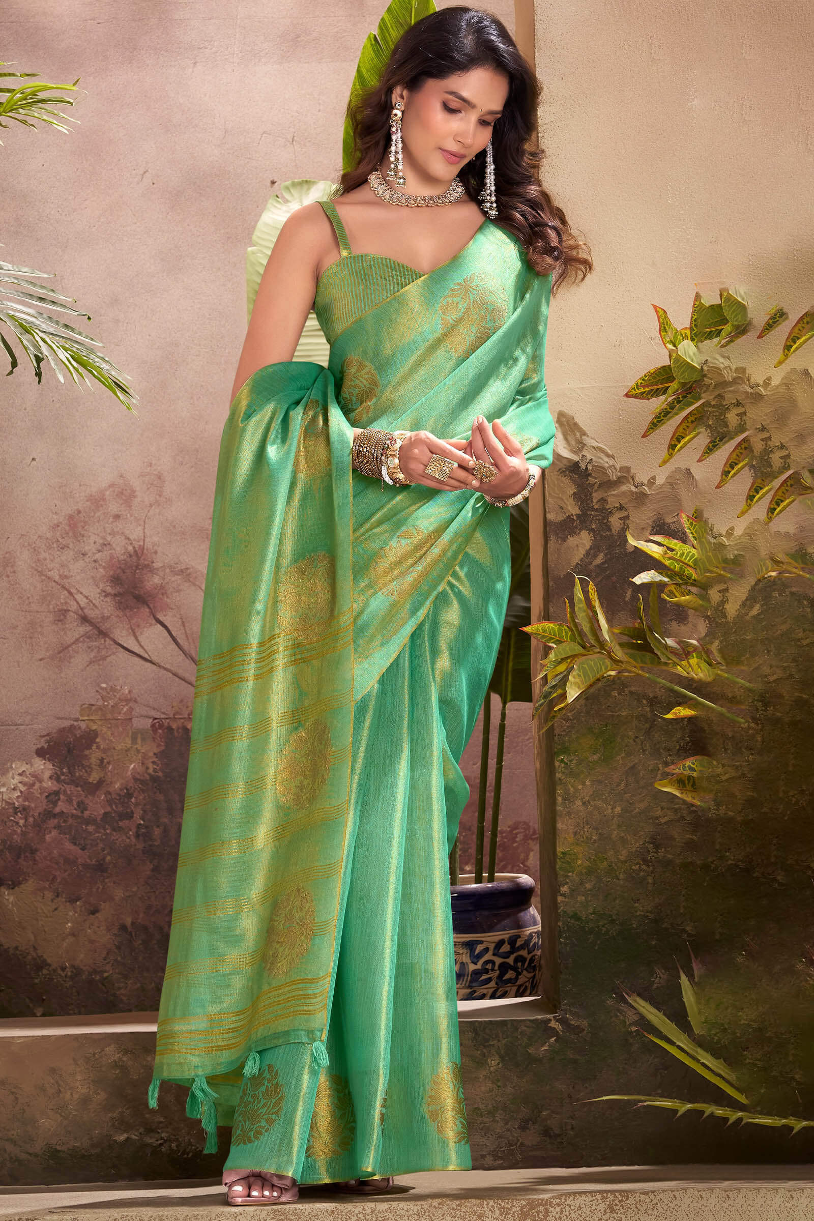 Classic Turquoise Soft Banarasi Tissue Silk Saree With Flameboyant Blouse Piece - Image 4