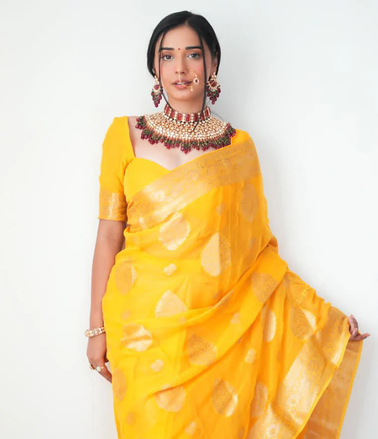 Classy 1-Minute Ready To Wear Yellow Cotton Silk Saree - Image 2