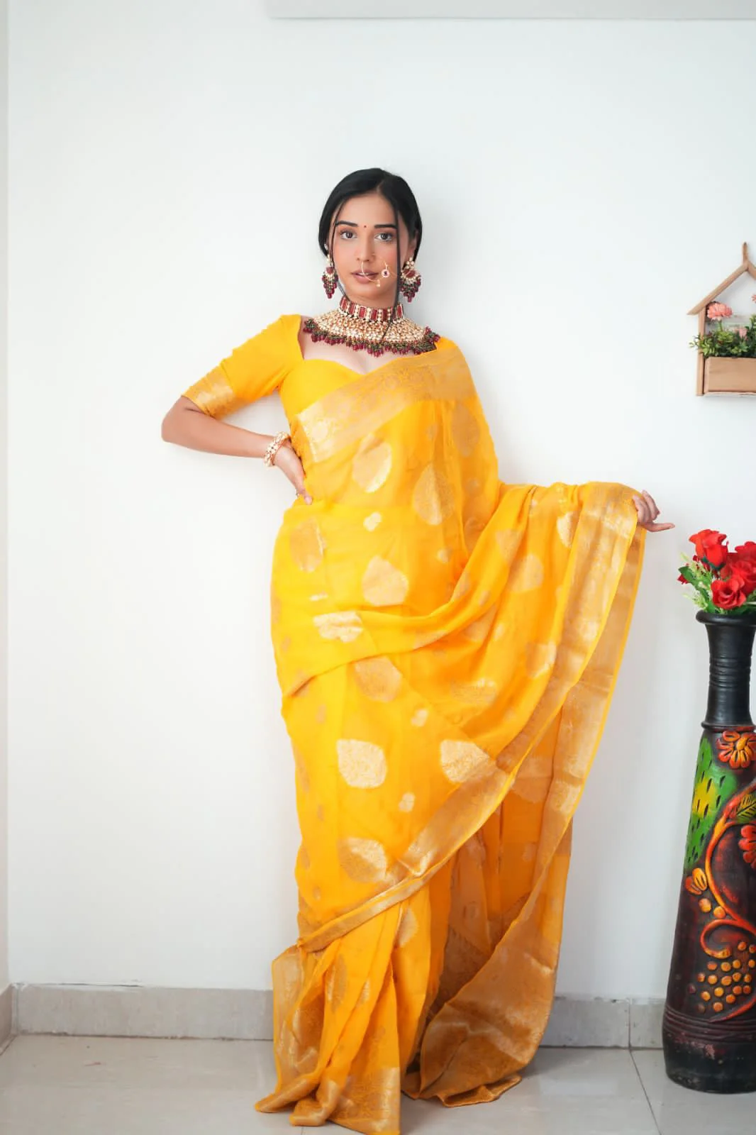 Classy 1-Minute Ready To Wear Yellow Cotton Silk Saree - Image 3