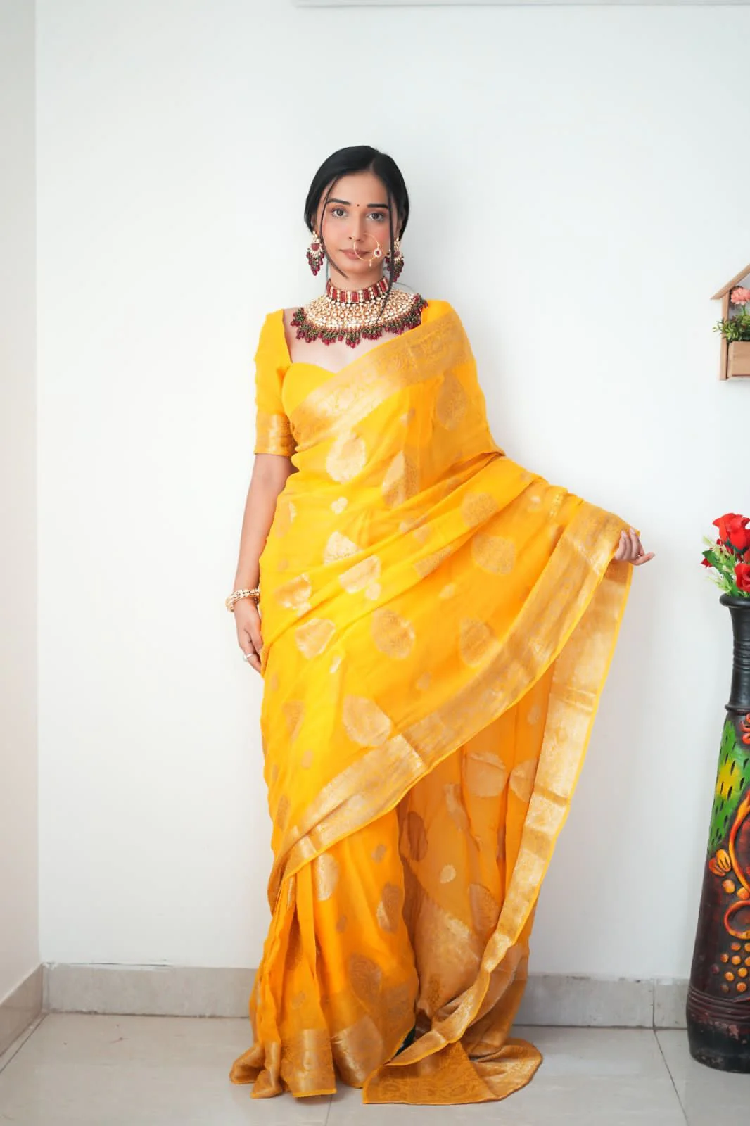 Classy 1-Minute Ready To Wear Yellow Cotton Silk Saree - Image 4