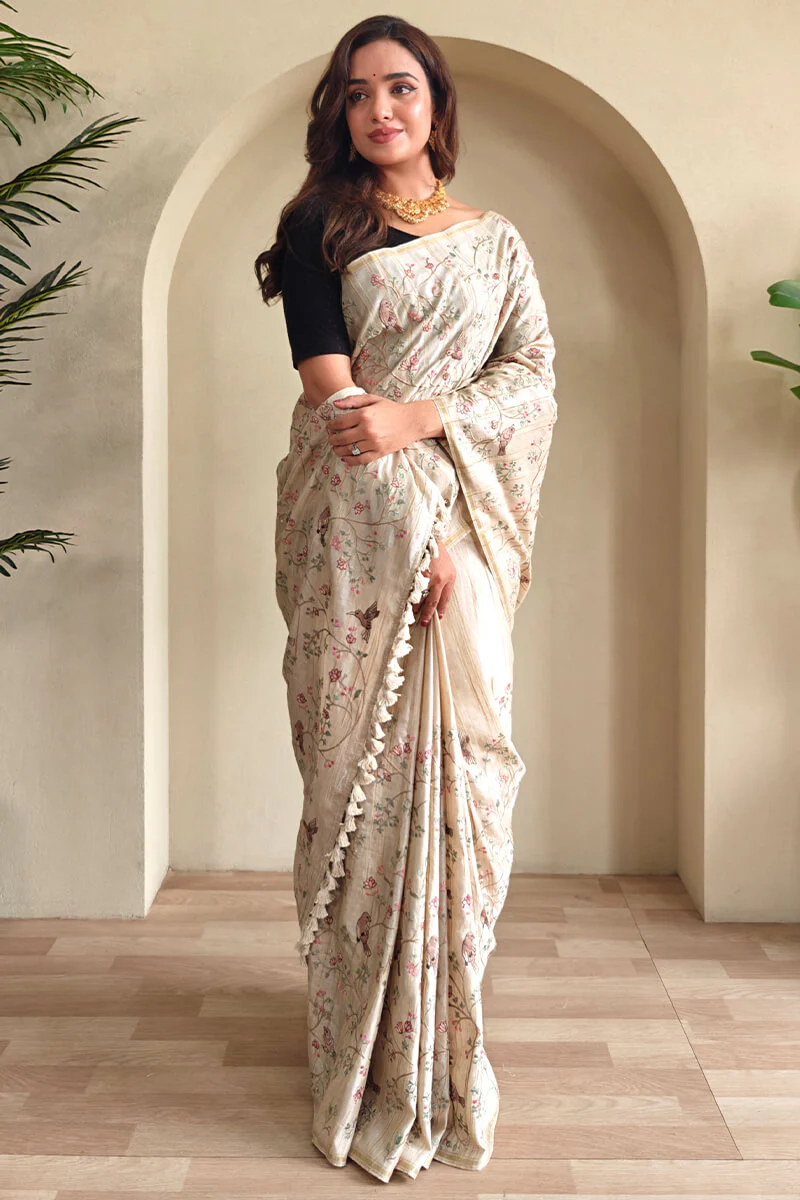 Classy Beige Embroidery Work Tussar Silk Saree With Staring Blouse Piece - Image 3