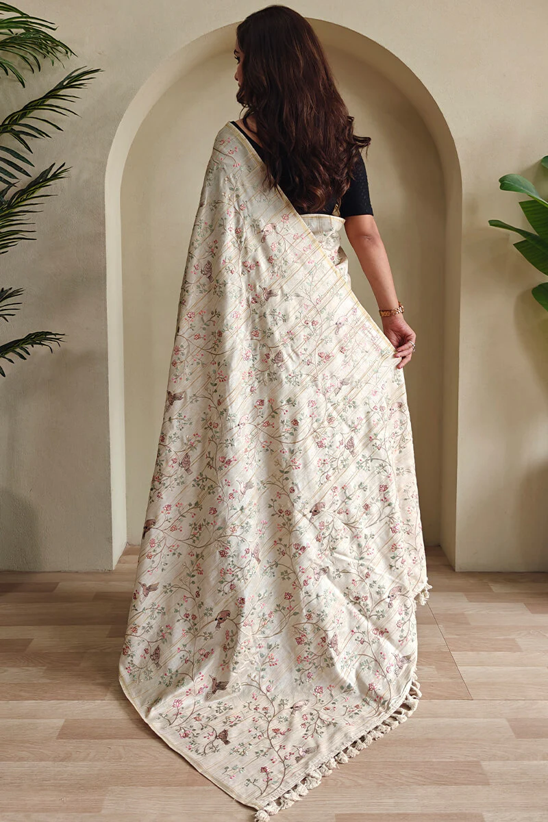 Classy Beige Embroidery Work Tussar Silk Saree With Staring Blouse Piece - Image 5