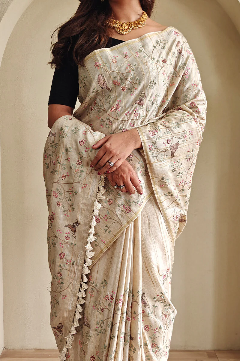 Classy Beige Embroidery Work Tussar Silk Saree With Staring Blouse Piece - Image 6